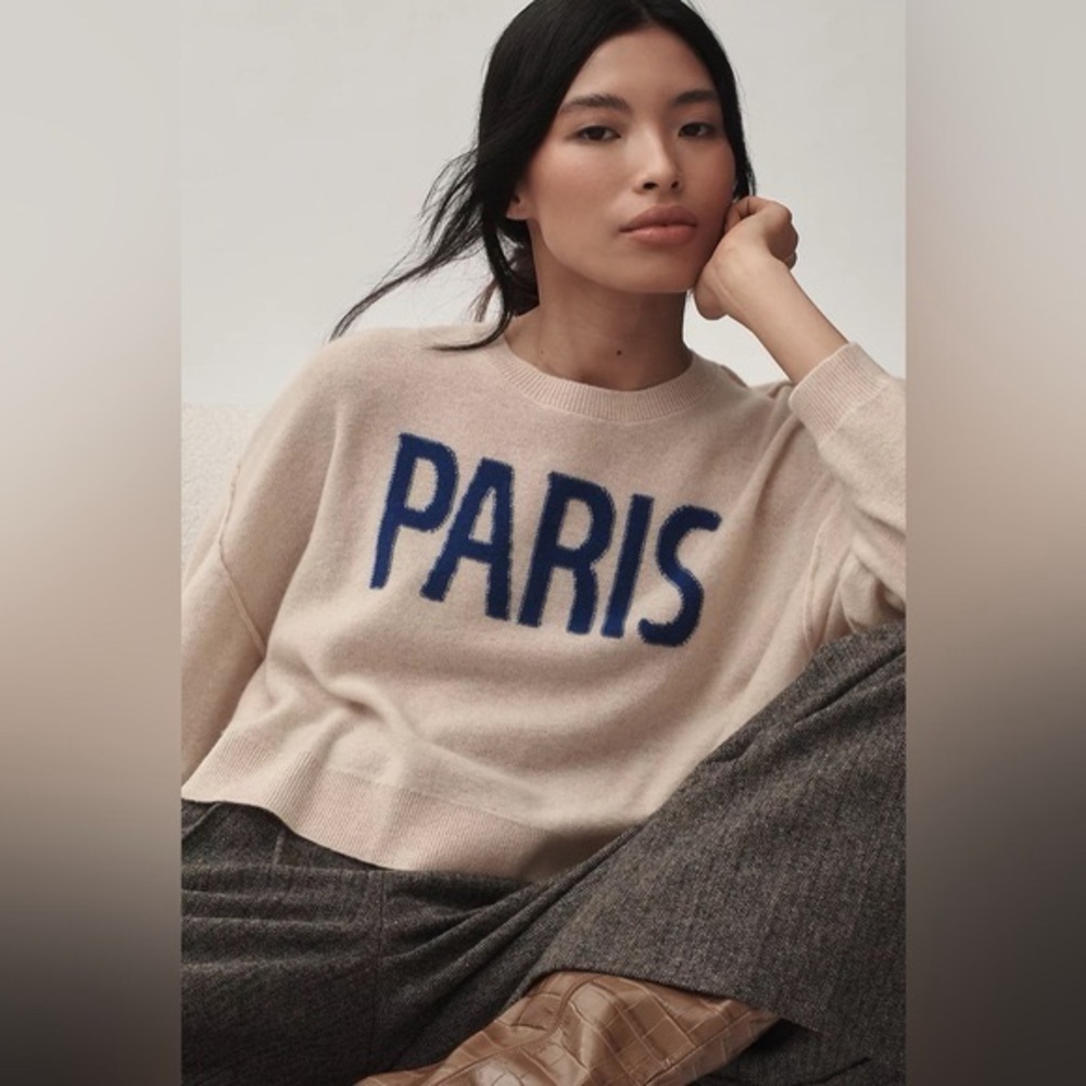 Anthropologie’s Pilcro Cream Cashmere Crop Sweater with Paris Design